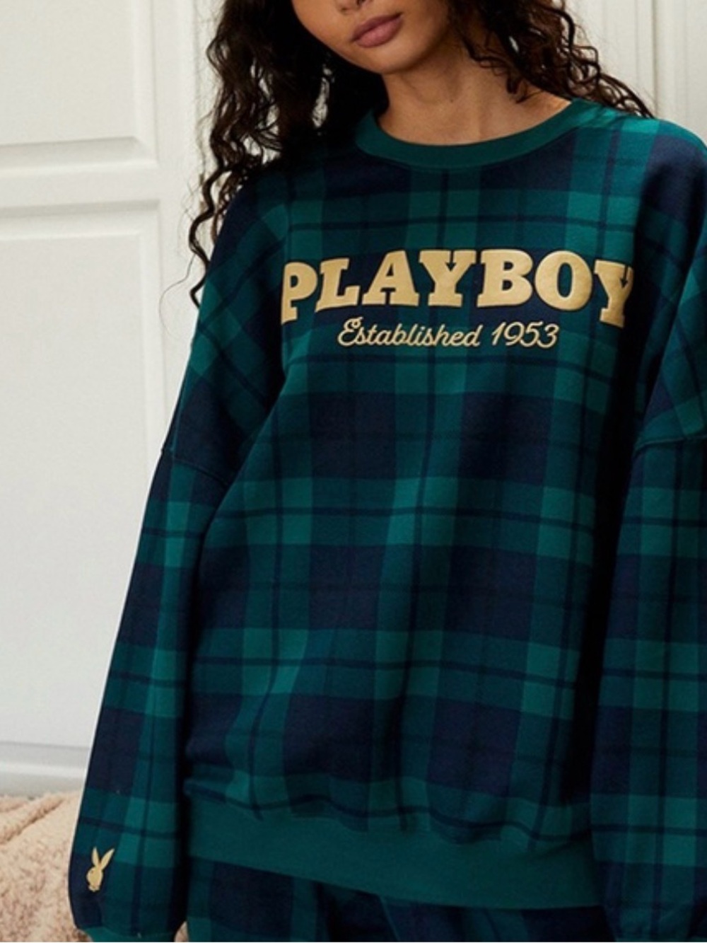 Playboy‎ x Pacsun Tartan Plaid BlackWatch Green Sweatshirt Women’s S Pullover